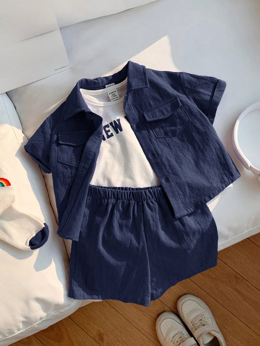 Summer Collared Short Sleeve Cardigan, Elastic Waist Shorts, Letter Printed Sleeveless Vest