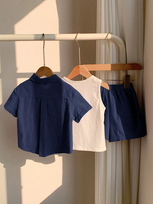 Summer Collared Short Sleeve Cardigan, Elastic Waist Shorts, Letter Printed Sleeveless Vest