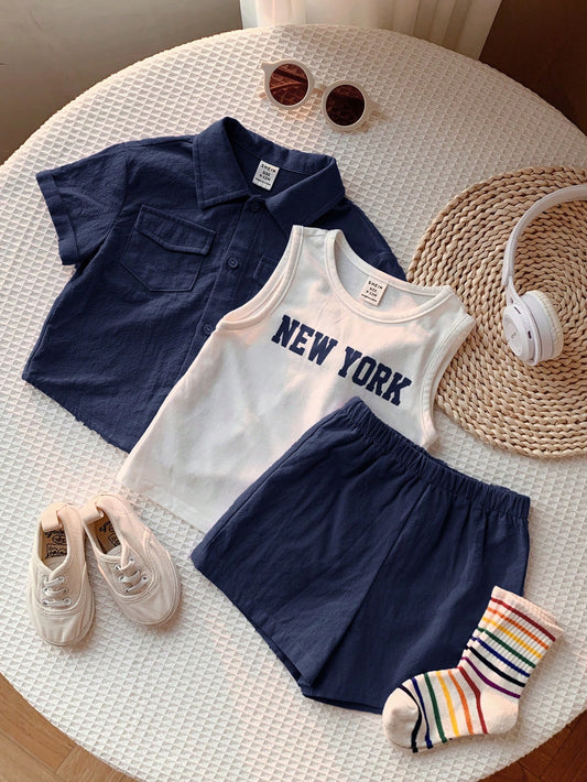 Mummy & Mee, Boy Navy Blue & White Summer Collared Short Sleeve Cardigan, Elastic Waist Shorts, Letter Printed Sleeveless Vest