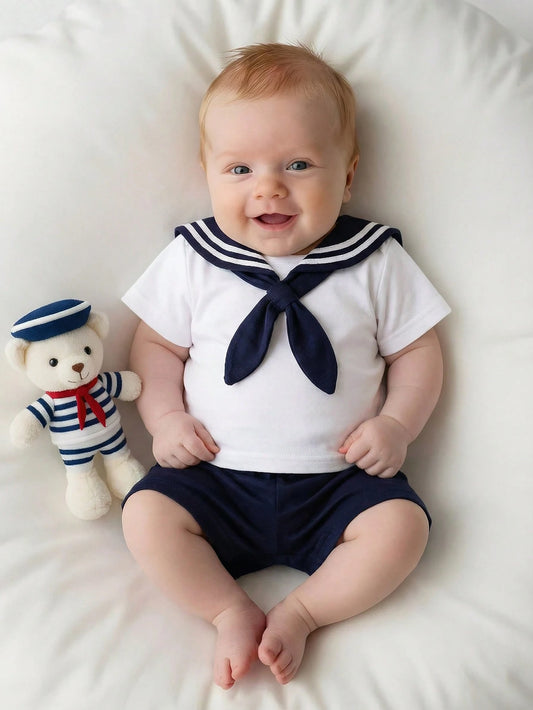 3pcs Newborn Outfit Navy Style Design White Short Sleeve T-Shirt Shorts And Detachable Scarf Cute Set