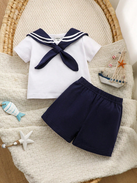3pcs Newborn Outfit Navy Style Design White Short Sleeve T-Shirt Shorts And Detachable Scarf Cute Set