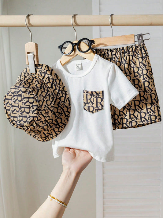 Baby Boy All-Over Print Knit T-Shirt, Shorts And Hat Set