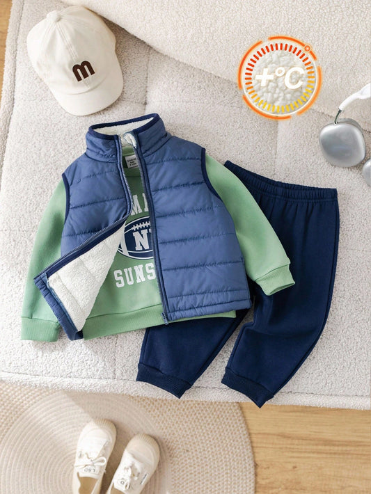 Cute Versatile Thermal Lined Jacket, Letter Print Sweatshirt And Pants-S 6-9M
