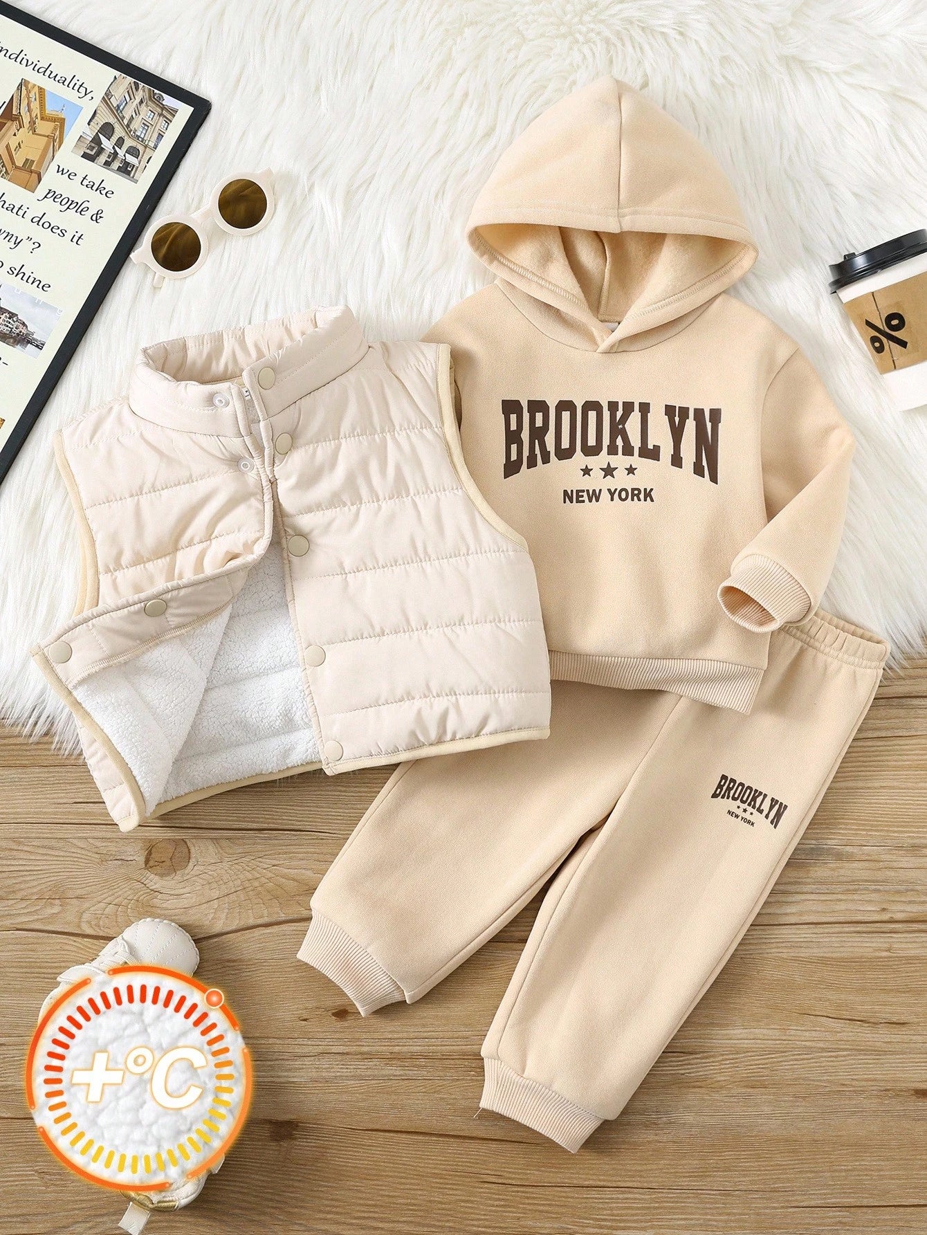 3pcs/Set Baby Boy/Girl Casual Fleece Vest, Grey Hoodie Sweatshirt And Jogger Pants
