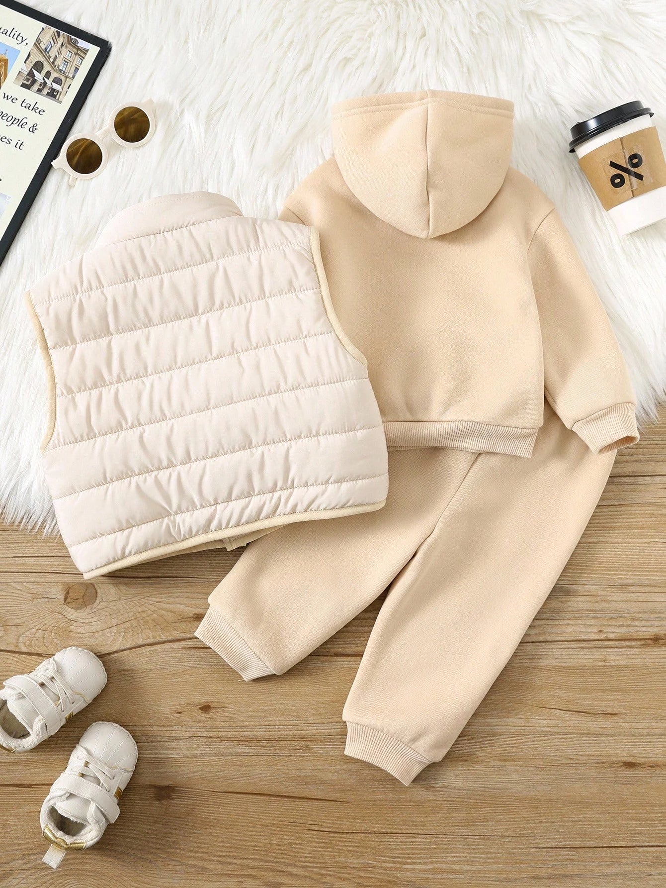 3pcs/Set Baby Boy/Girl Casual Fleece Vest, Grey Hoodie Sweatshirt And Jogger Pants