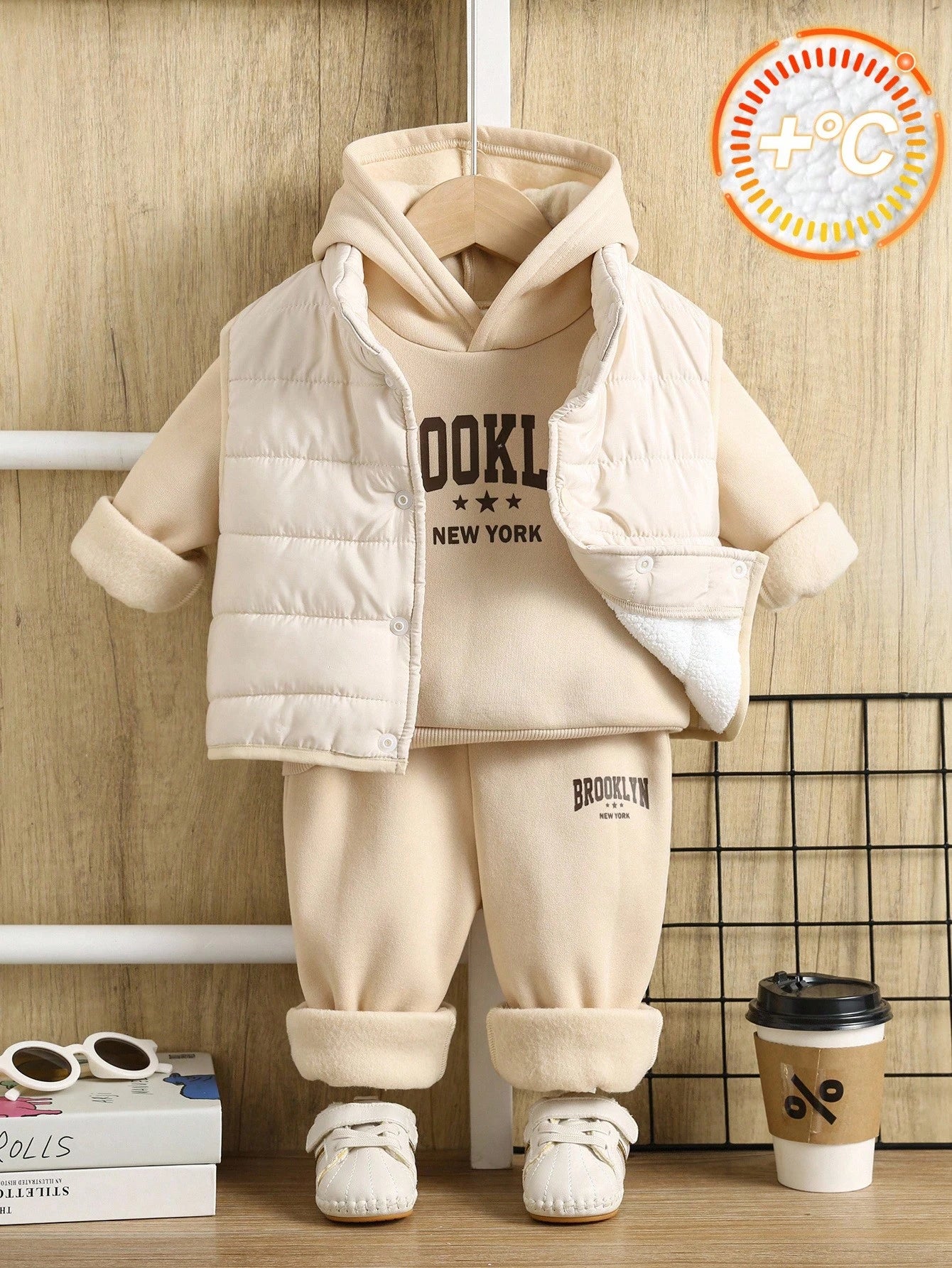 3pcs/Set Baby Boy/Girl Casual Fleece Vest, Grey Hoodie Sweatshirt And Jogger Pants Multicolor 3