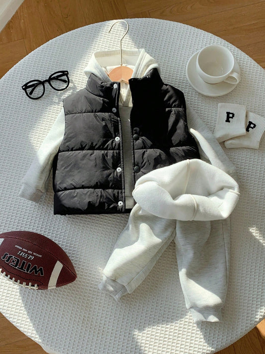3pcs/Set Baby Boy/Girl Casual Fleece Vest, Grey Hoodie Sweatshirt And Jogger Pants Multicolor