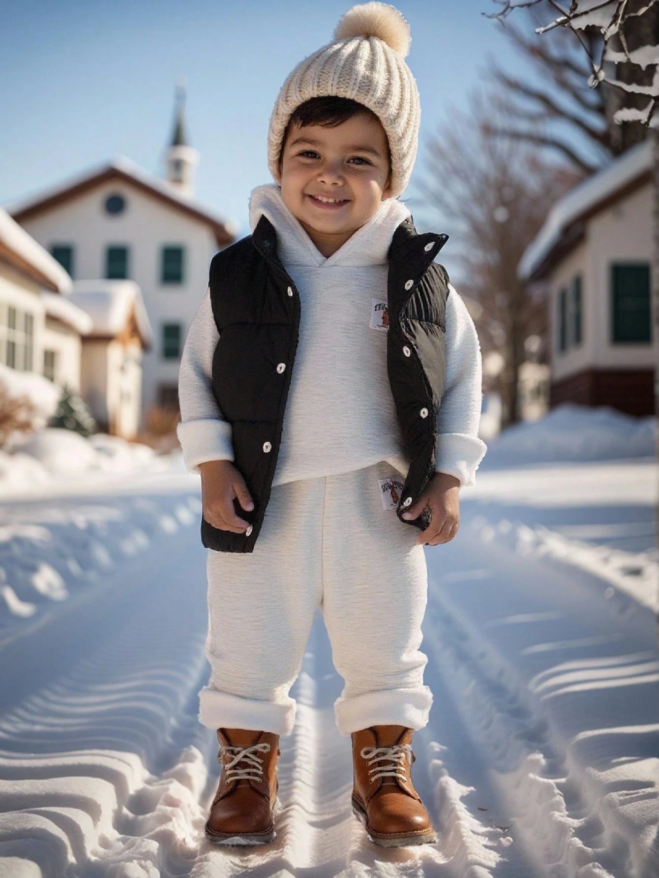 3pcs/Set Baby Boy/Girl Casual Fleece Vest, Grey Hoodie Sweatshirt And Jogger Pants