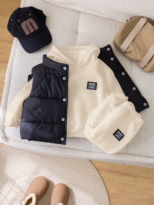 3pcs/Set Baby Boy/Girl Casual Fleece Vest, Grey Hoodie Sweatshirt And Jogger Pants Apricot