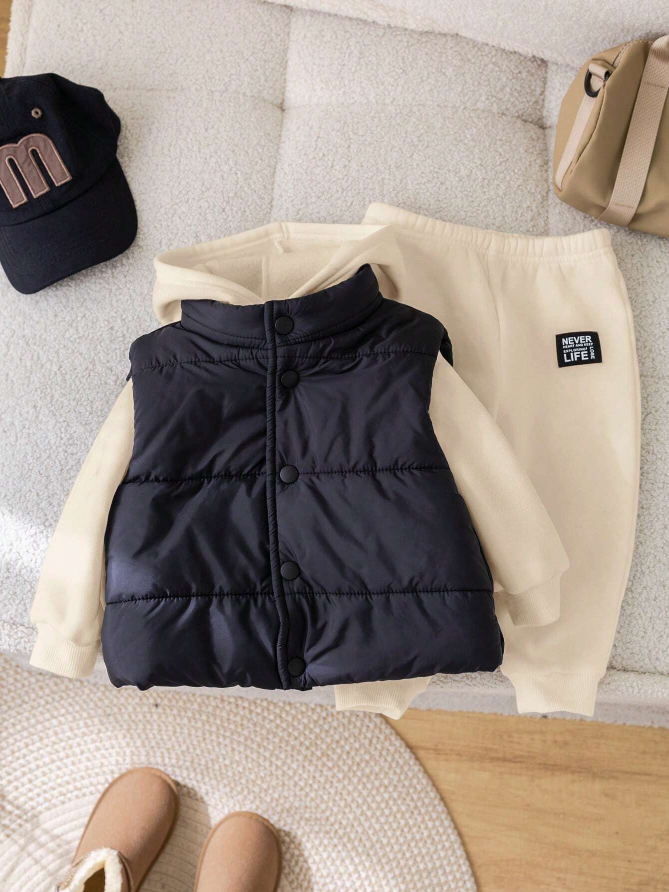 3pcs/Set Baby Boy/Girl Casual Fleece Vest, Grey Hoodie Sweatshirt And Jogger Pants