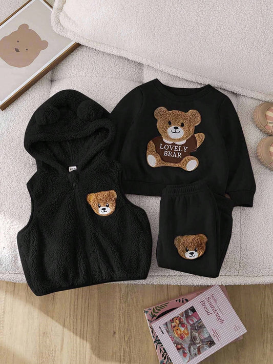Furry Cartoon Pattern Hooded Vest Sweatshirt & Elastic Waist Pants Black