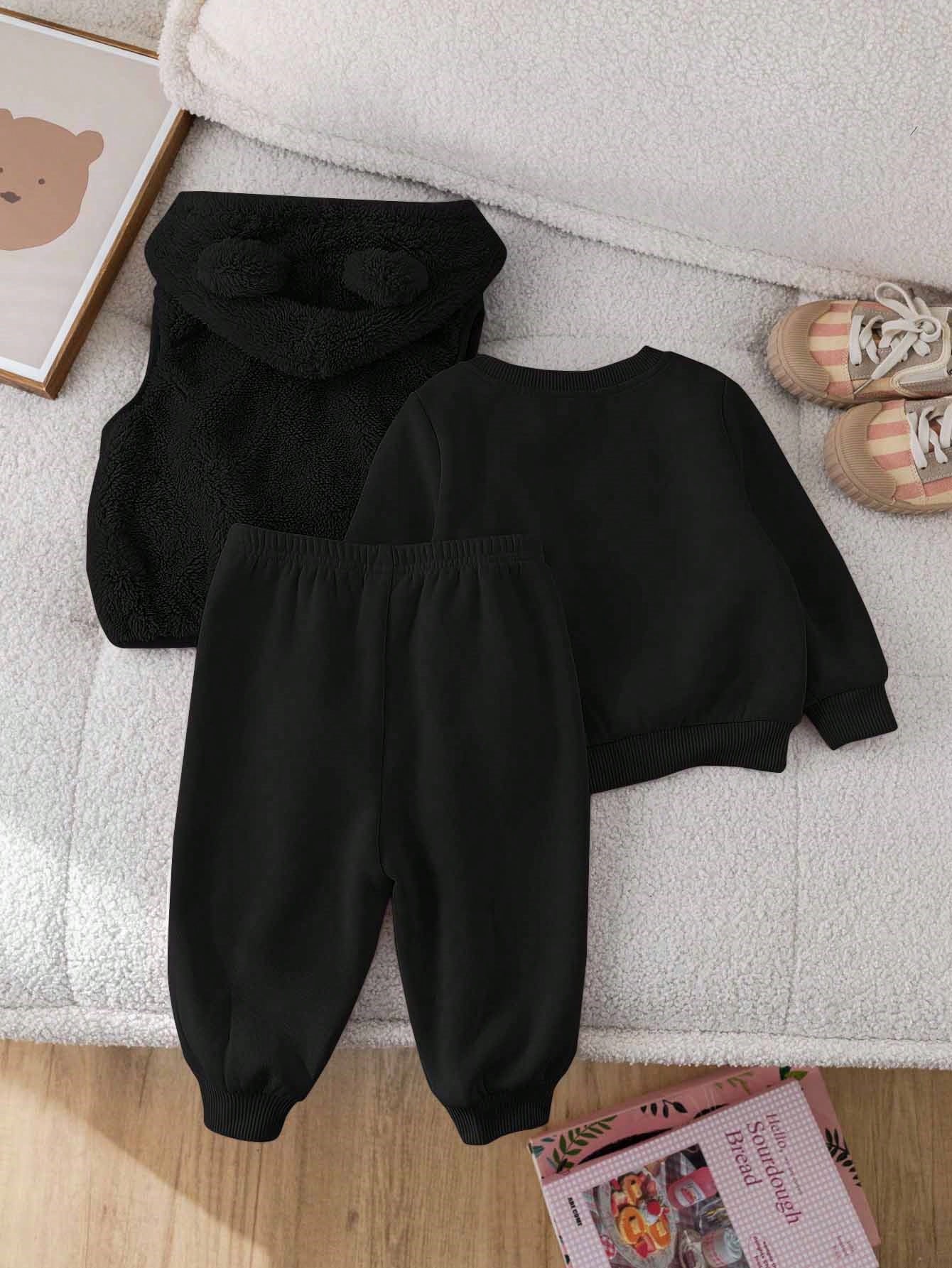 Furry Cartoon Pattern Hooded Vest Sweatshirt & Elastic Waist Pants