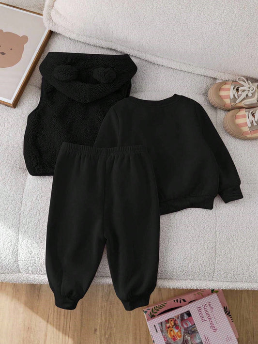 Furry Cartoon Pattern Hooded Vest Sweatshirt & Elastic Waist Pants