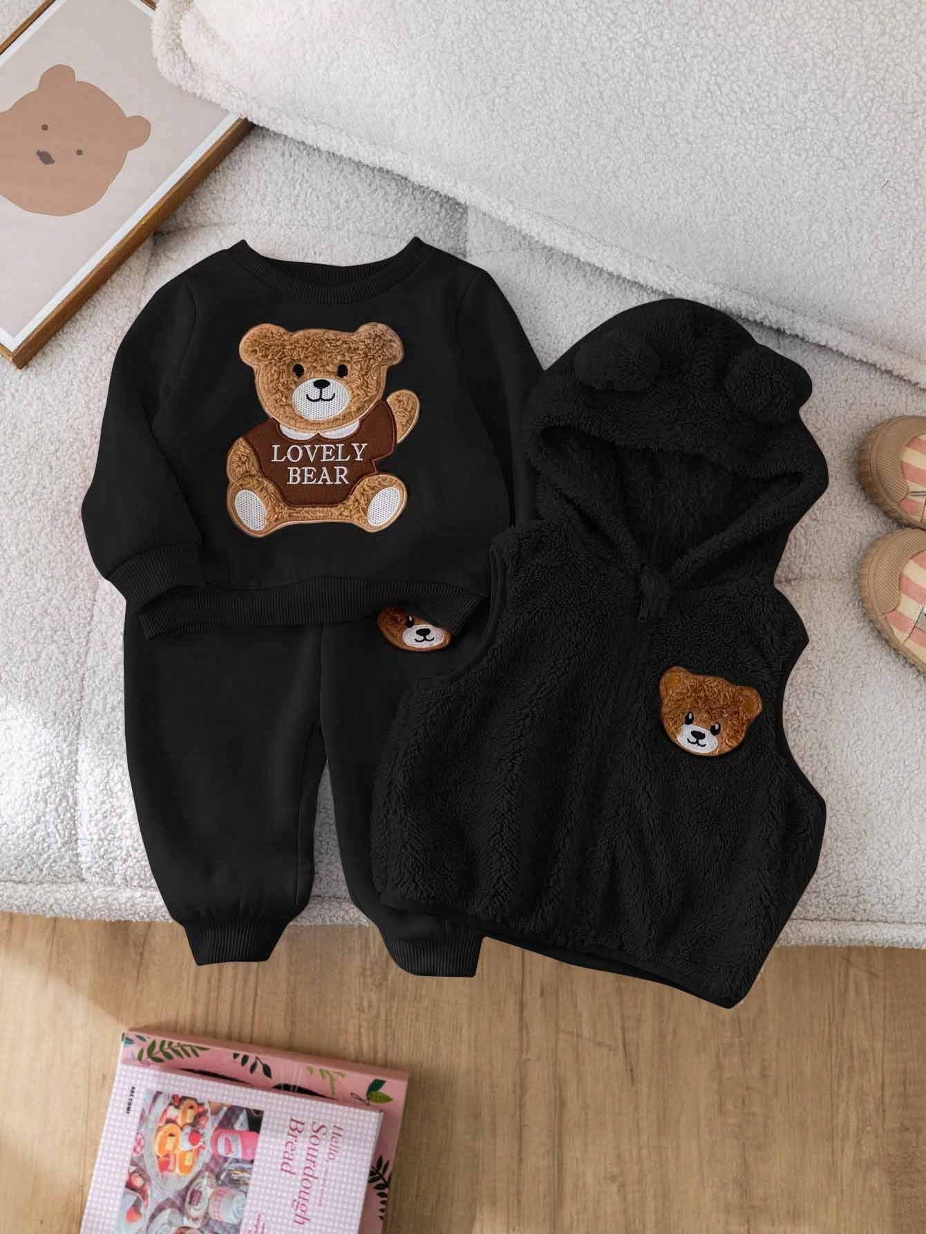 Furry Cartoon Pattern Hooded Vest Sweatshirt & Elastic Waist Pants