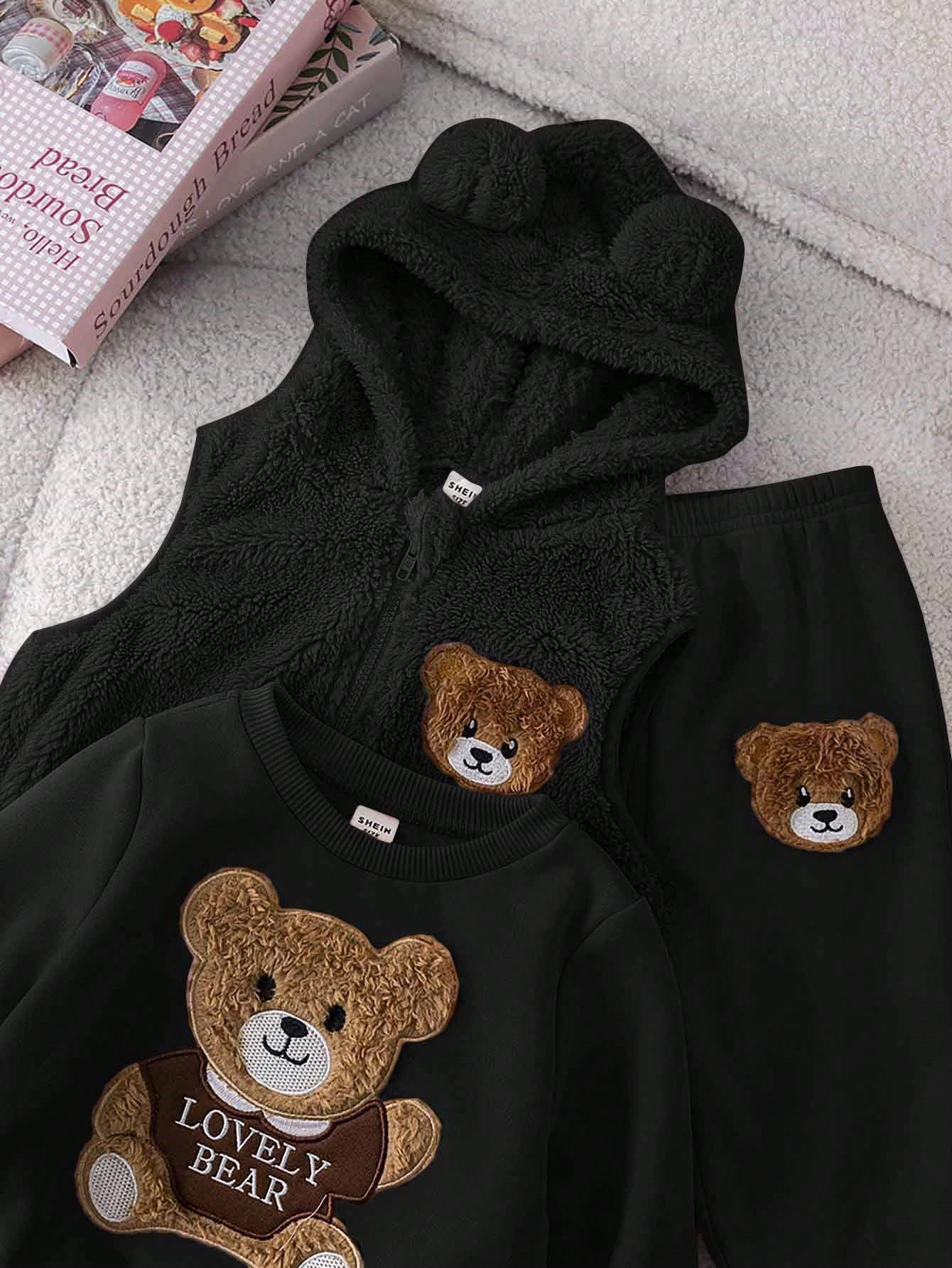 Furry Cartoon Pattern Hooded Vest Sweatshirt & Elastic Waist Pants