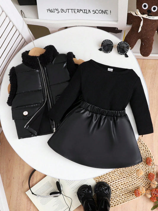 Mummy & Mee Baby Girl Fashion Street Vintage Elegant Faux Fur Vest Jacket Paired With Black Ribbed Long Sleeve Tee And Black Pleated Skirt, 2-3Y