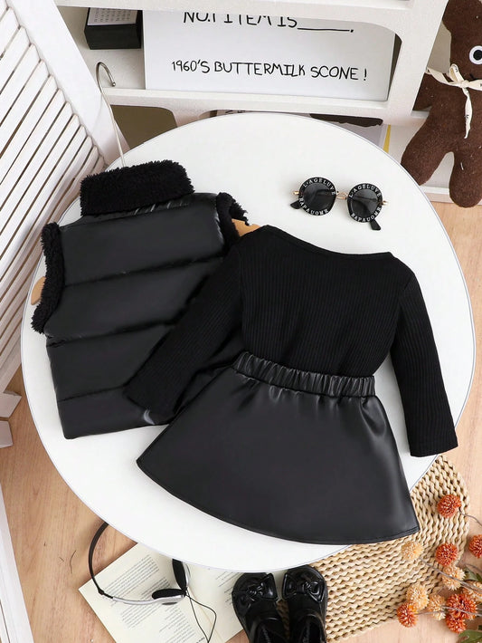 Mummy & Mee Baby Girl Fashion Street Vintage Elegant Faux Fur Vest Jacket Paired With Black Ribbed Long Sleeve Tee And Black Pleated Skirt,