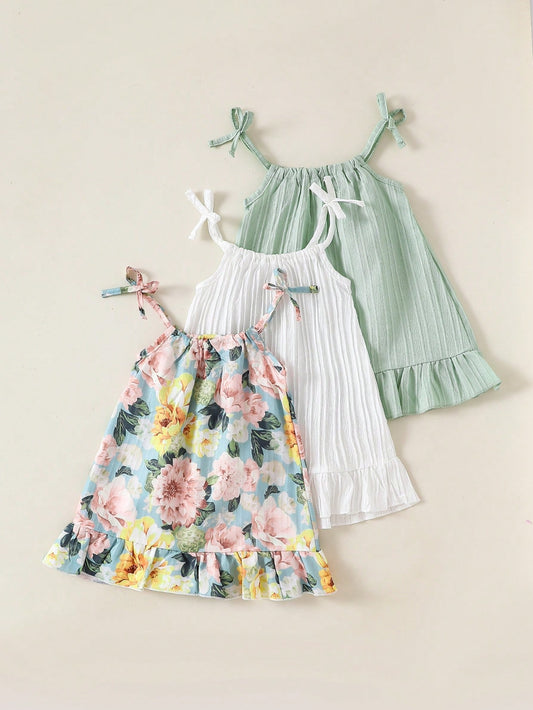 Bow Strap Solid Color & Striped Dress Set