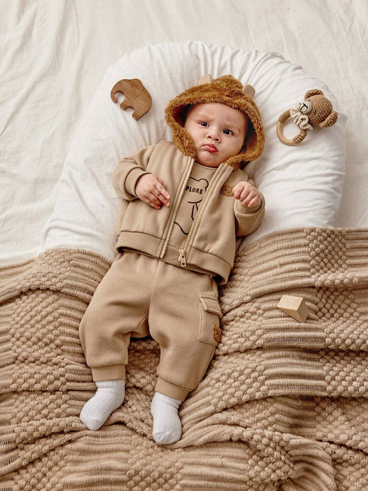 Cute Cartoon Bear Pattern Fleece Hoodie Vest Jacket And Pants 3 PiecesOutfit Set-S 3-6M