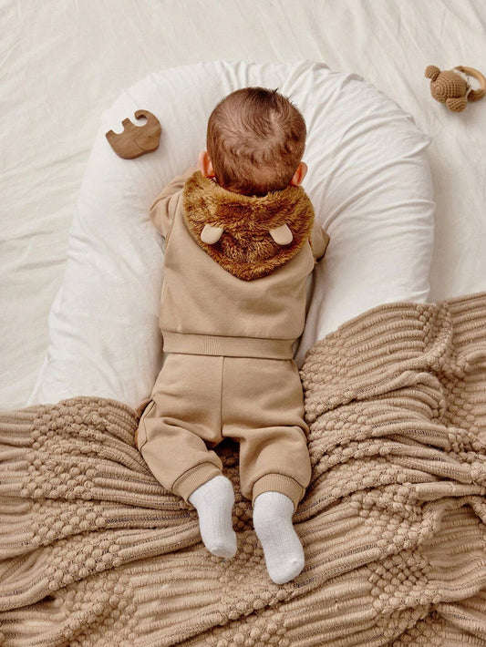 Cute Cartoon Bear Pattern Fleece Hoodie Vest Jacket And Pants 3 PiecesOutfit Set-S