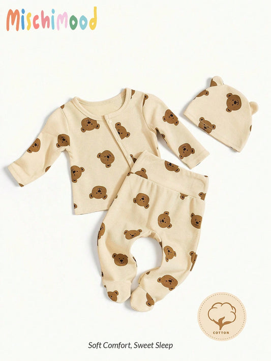 3pcs Newborn Baby Snake Print Long Sleeve Top, Footcover Pants & Hat Set Apricot