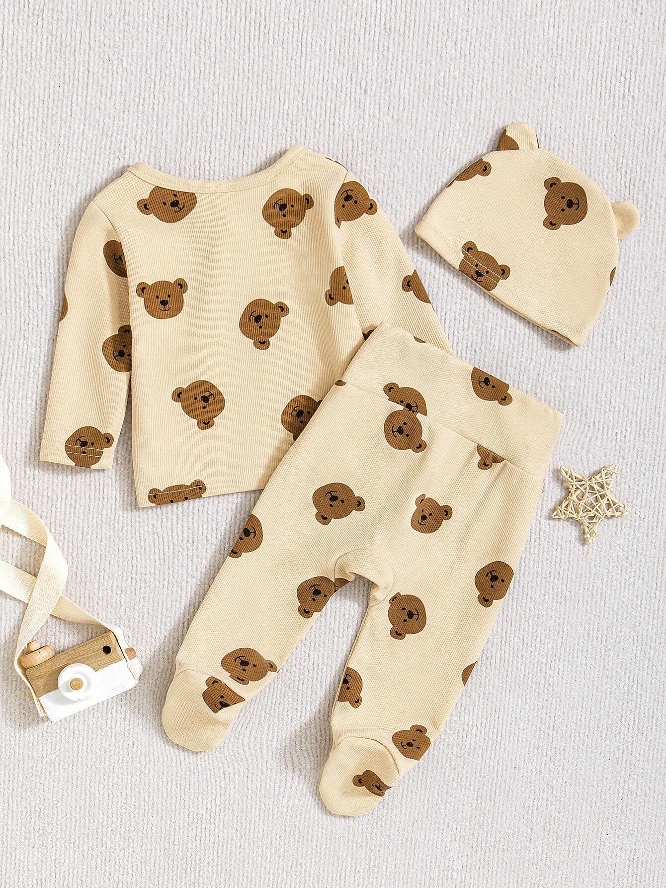3pcs Newborn Baby Snake Print Long Sleeve Top, Footcover Pants & Hat Set