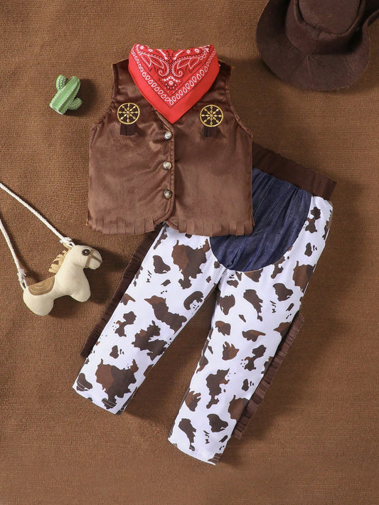 Vintage Western Cowboy Style Suede Vest, Cow Print Pants With 3D Tassel, Bandana Set