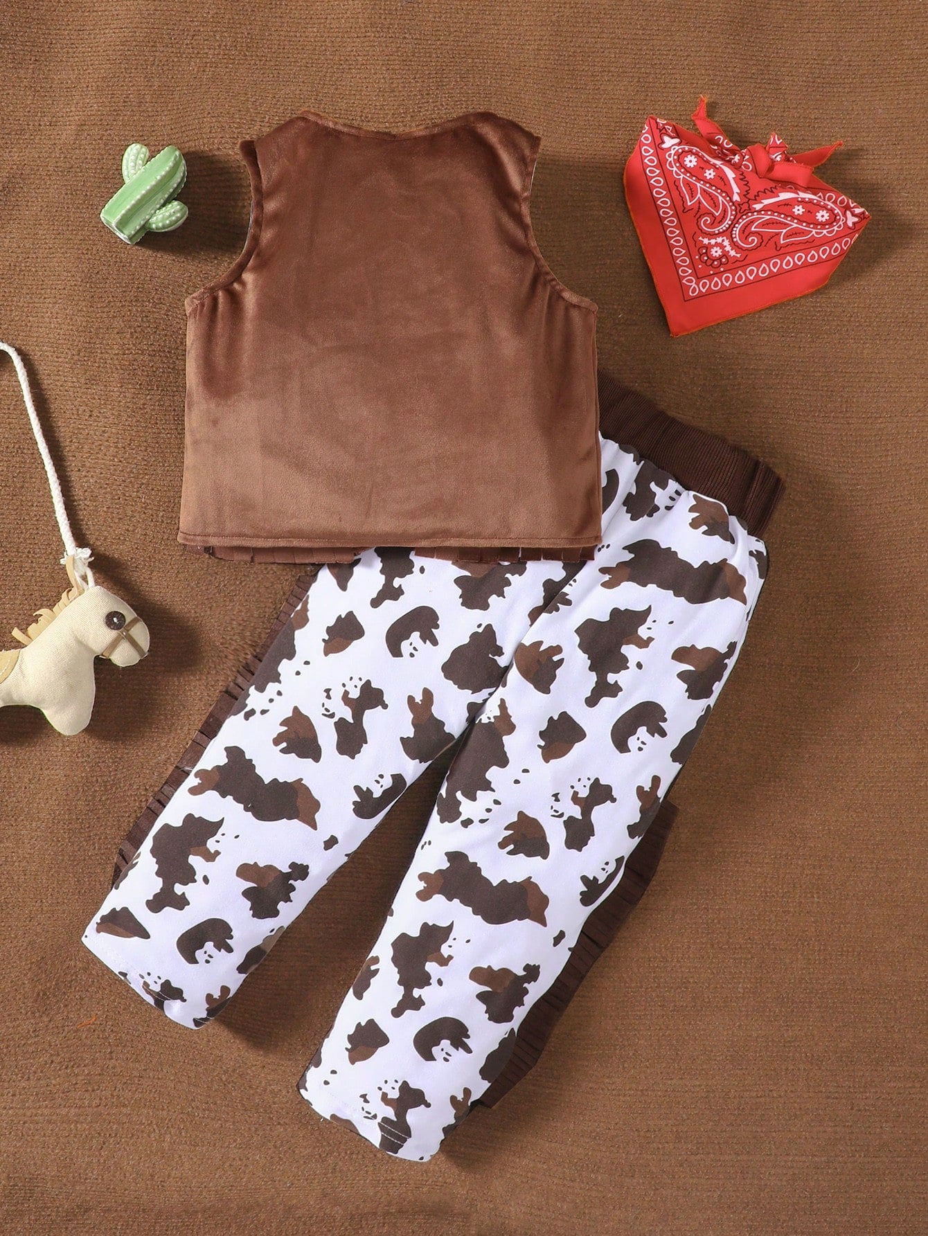 Vintage Western Cowboy Style Suede Vest, Cow Print Pants With 3D Tassel, Bandana Set
