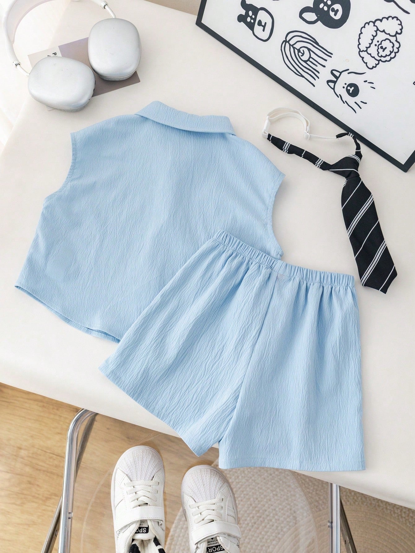 Toddler Boy Letter Print Sleeveless Top Shorts And Necktie 3pcs Set
