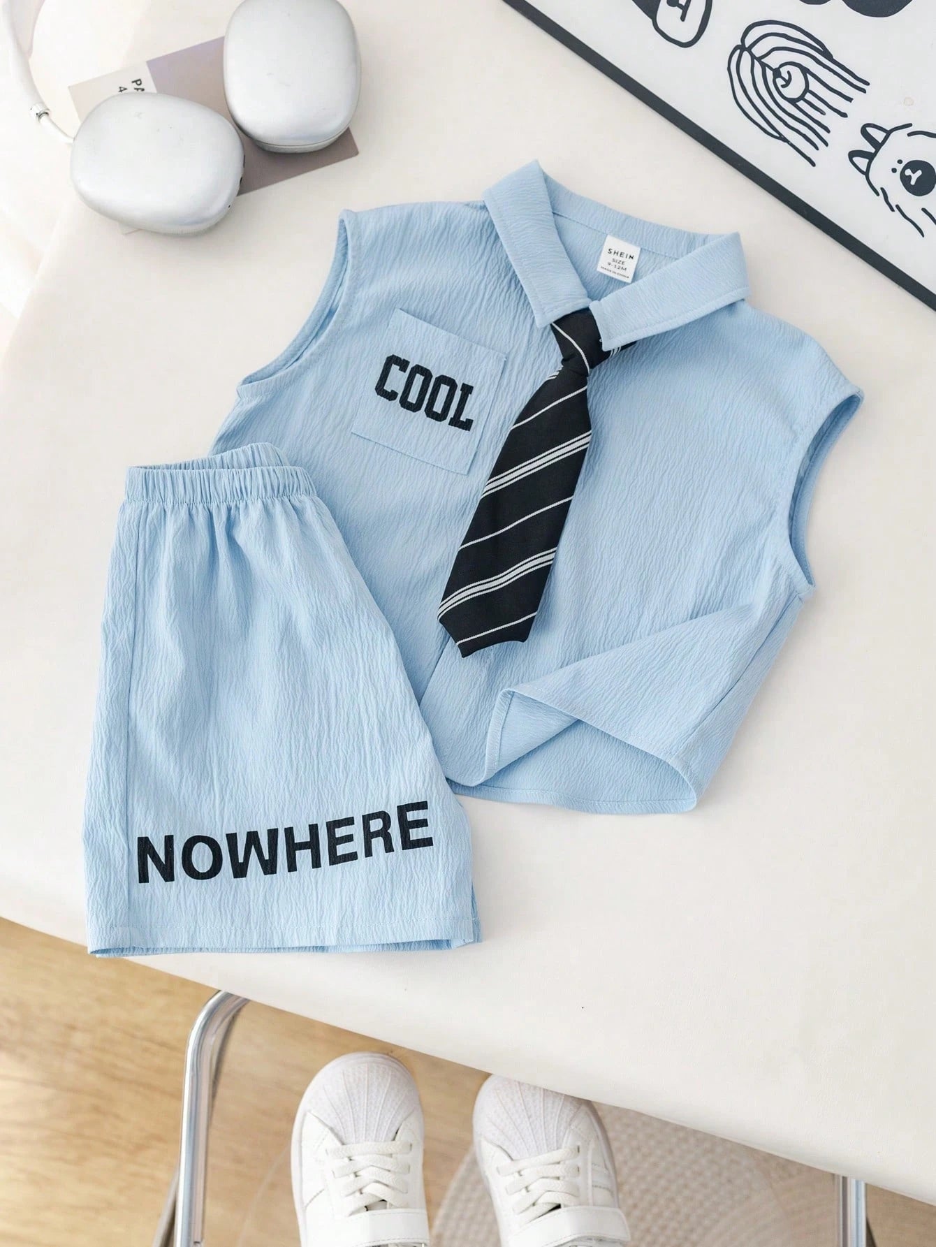 3pcs Toddler Boys' Outfit Set With Sleeveless Letter Print Top