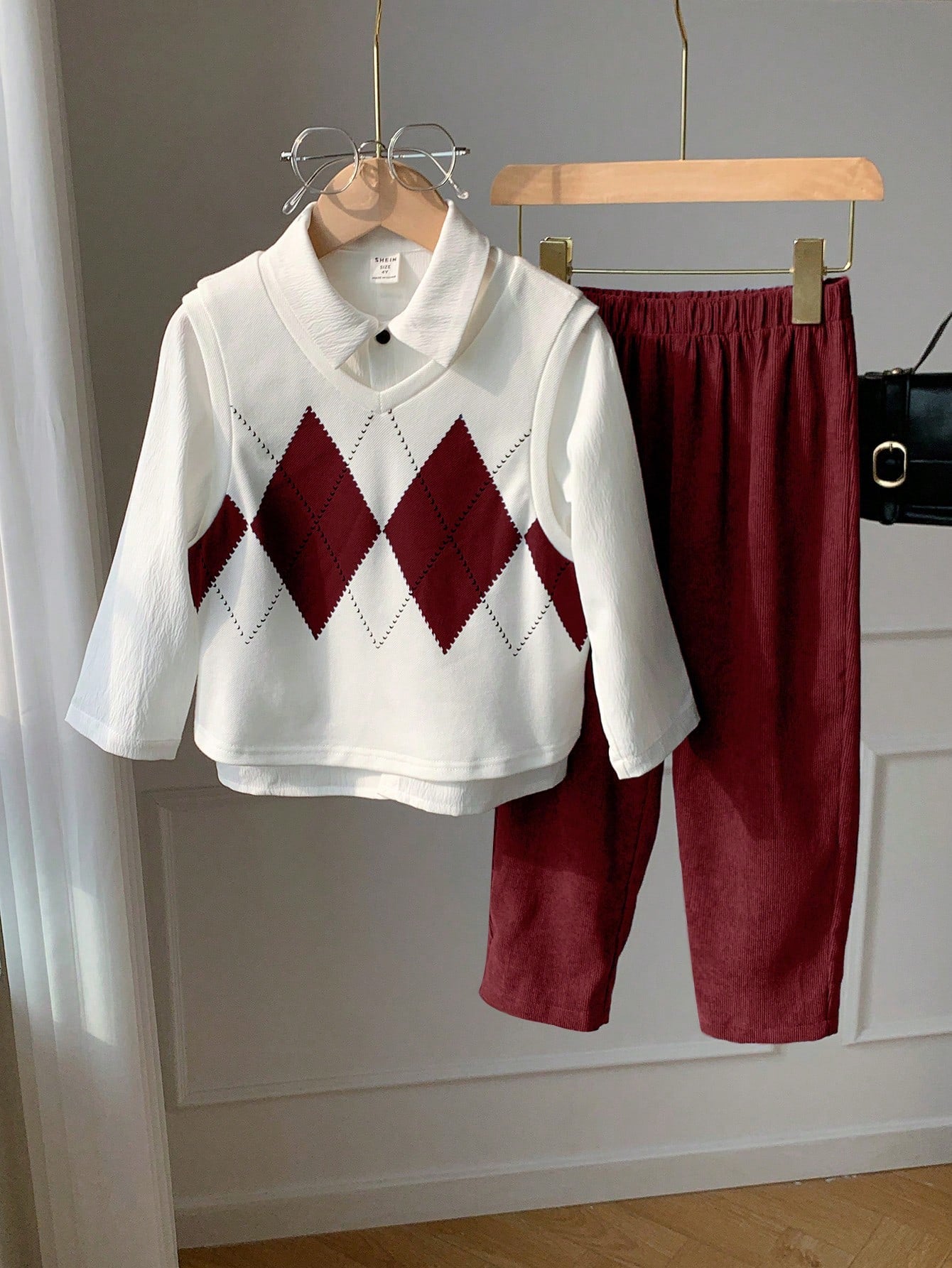 Diamond Pattern Vest Long Sleeve White Shirt Casual Pants 3-Piece Set