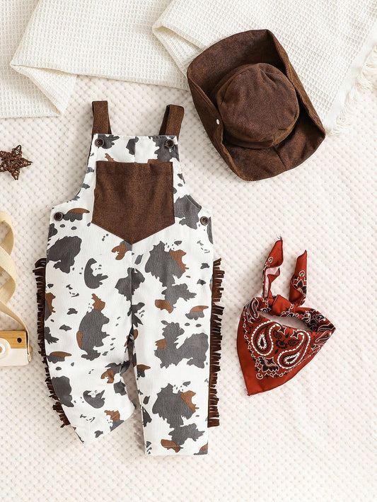 Cute & Western Ranch Pattern Printed Pocket Overalls 12-18M