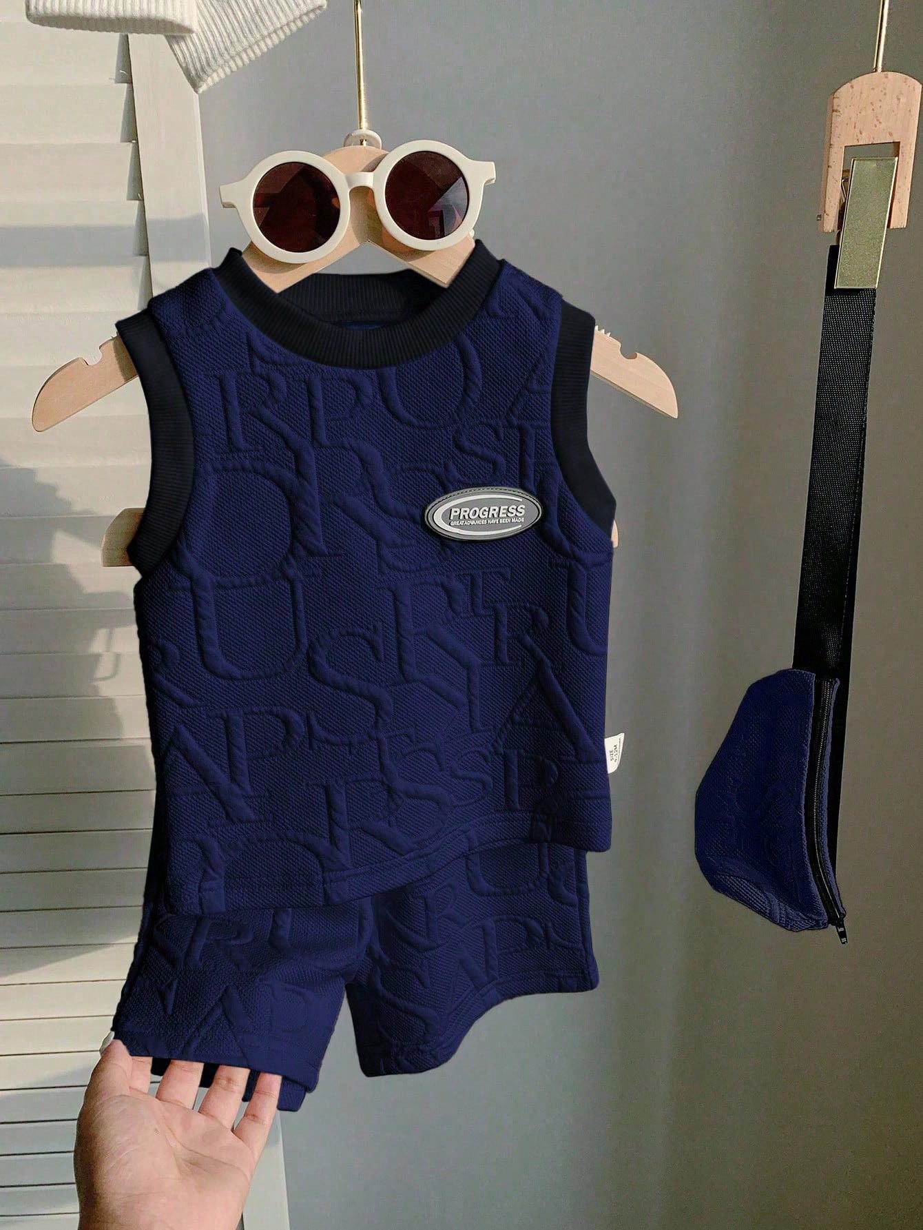 Minimalist 3D Letter Pattern Fabric Sleeveless Top And Shorts Outfit Set