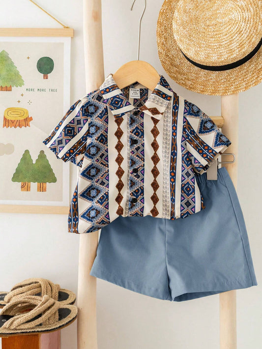 Retro Pattern Breathable Short Sleeve Shirt And Solid Color Shorts Set