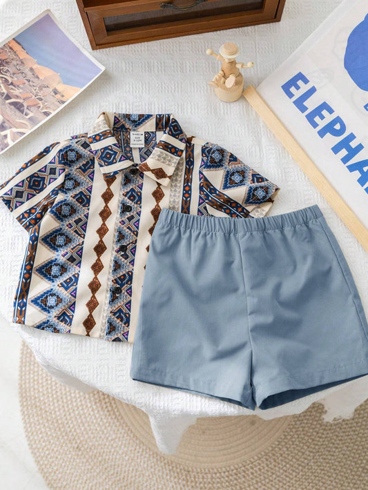 Retro Pattern Breathable Short Sleeve Shirt And Solid Color Shorts Set 6-9M