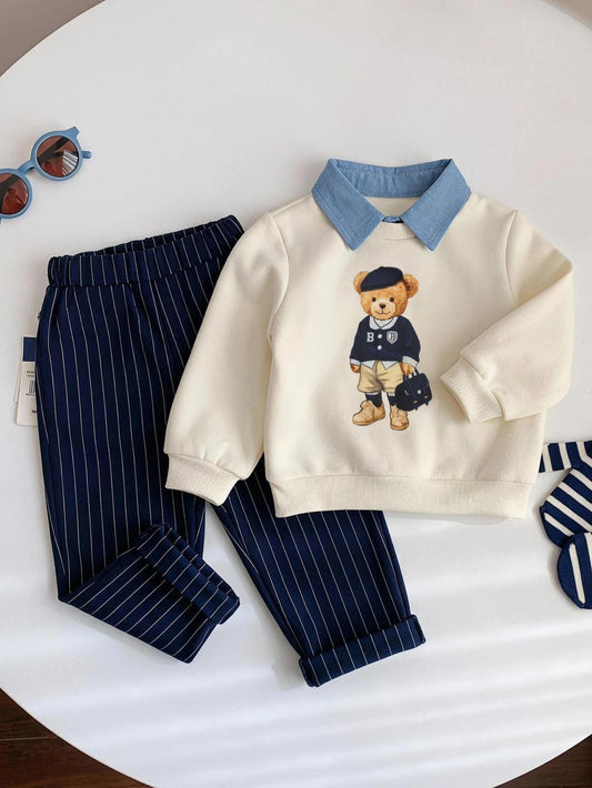 Pullover Sweatshirt And Striped Elastic Waist Long Autumn Pants 2-Piece Set