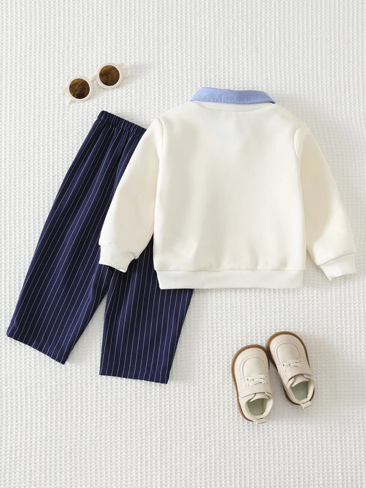 Pullover Sweatshirt And Striped Elastic Waist Long Autumn Pants 2-Piece Set
