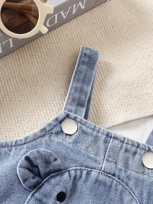 Mummy & Mee Baby Boy Cartoon Graphic 3D Ear Design Denim Jumpsuit