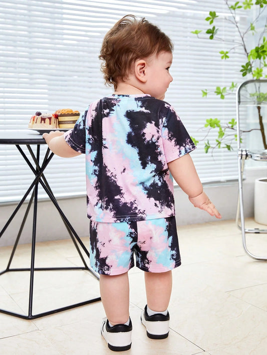 Tie-Dye Pattern Short Sleeve Top & Elastic Waist Shorts 2pcs Set