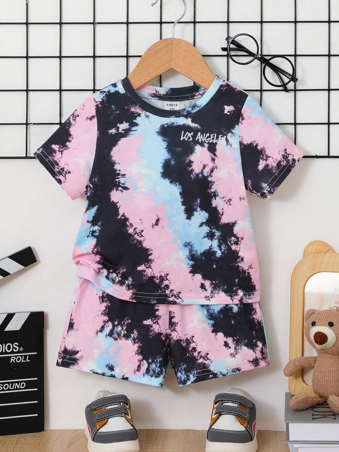 Tie-Dye Pattern Short Sleeve Top & Elastic Waist Shorts 2pcs Set