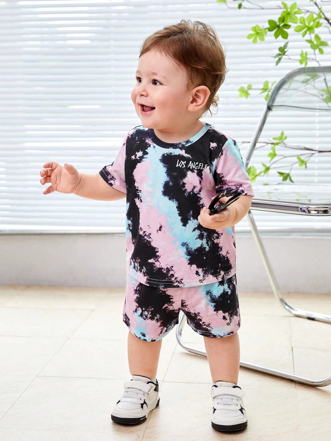 Tie-Dye Pattern Short Sleeve Top & Elastic Waist Shorts 2pcs Set