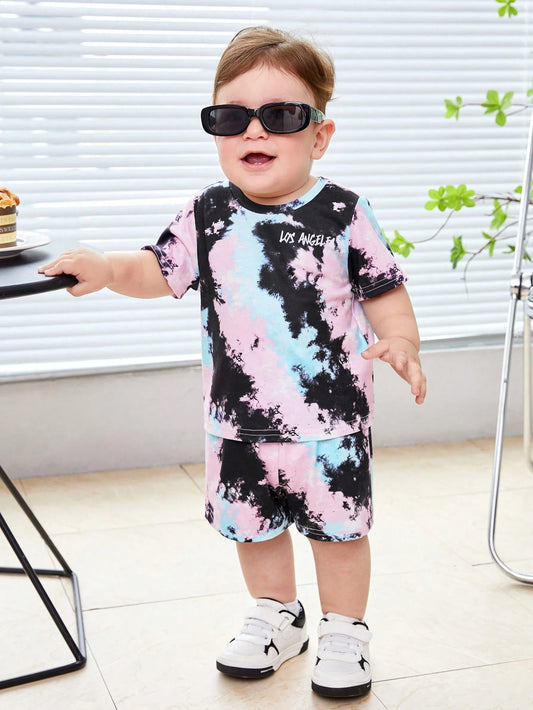 Tie-Dye Pattern Short Sleeve Top & Elastic Waist Shorts 2pcs Set