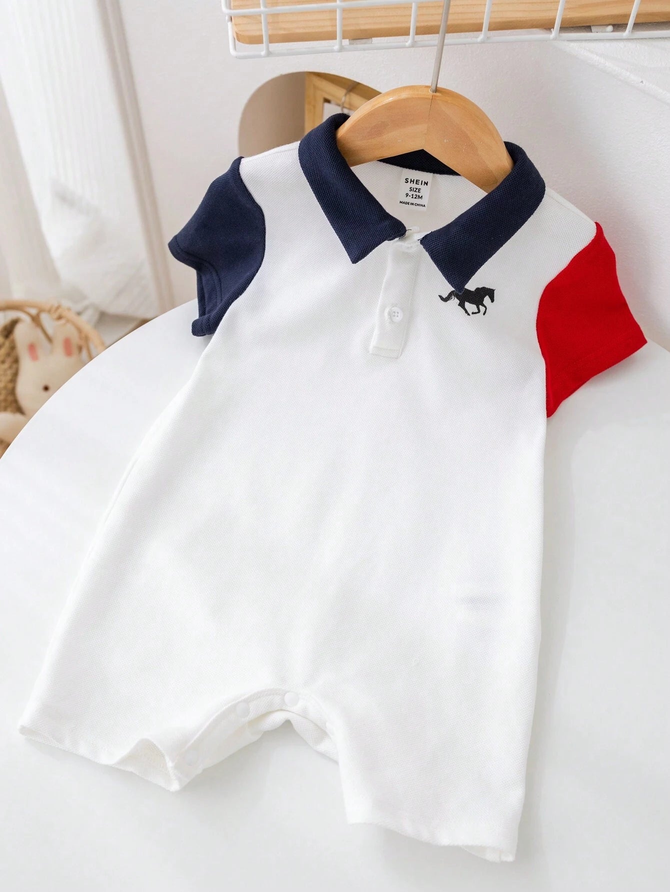 Baby Boy Color-Block Short Sleeve Half-Zip Polo Collar Romper With Snap Bottom