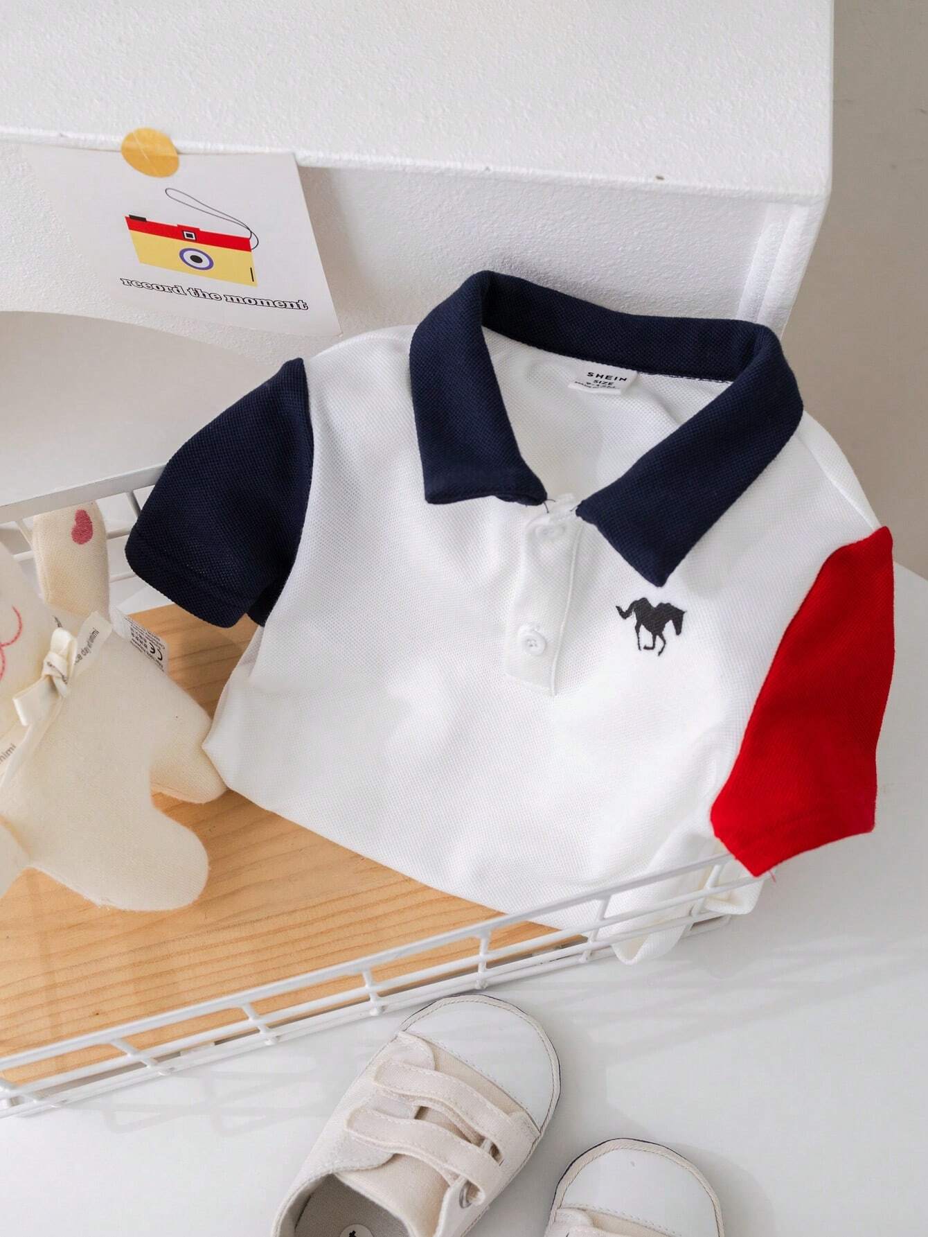 Baby Boy Color-Block Short Sleeve Half-Zip Polo Collar Romper With Snap Bottom