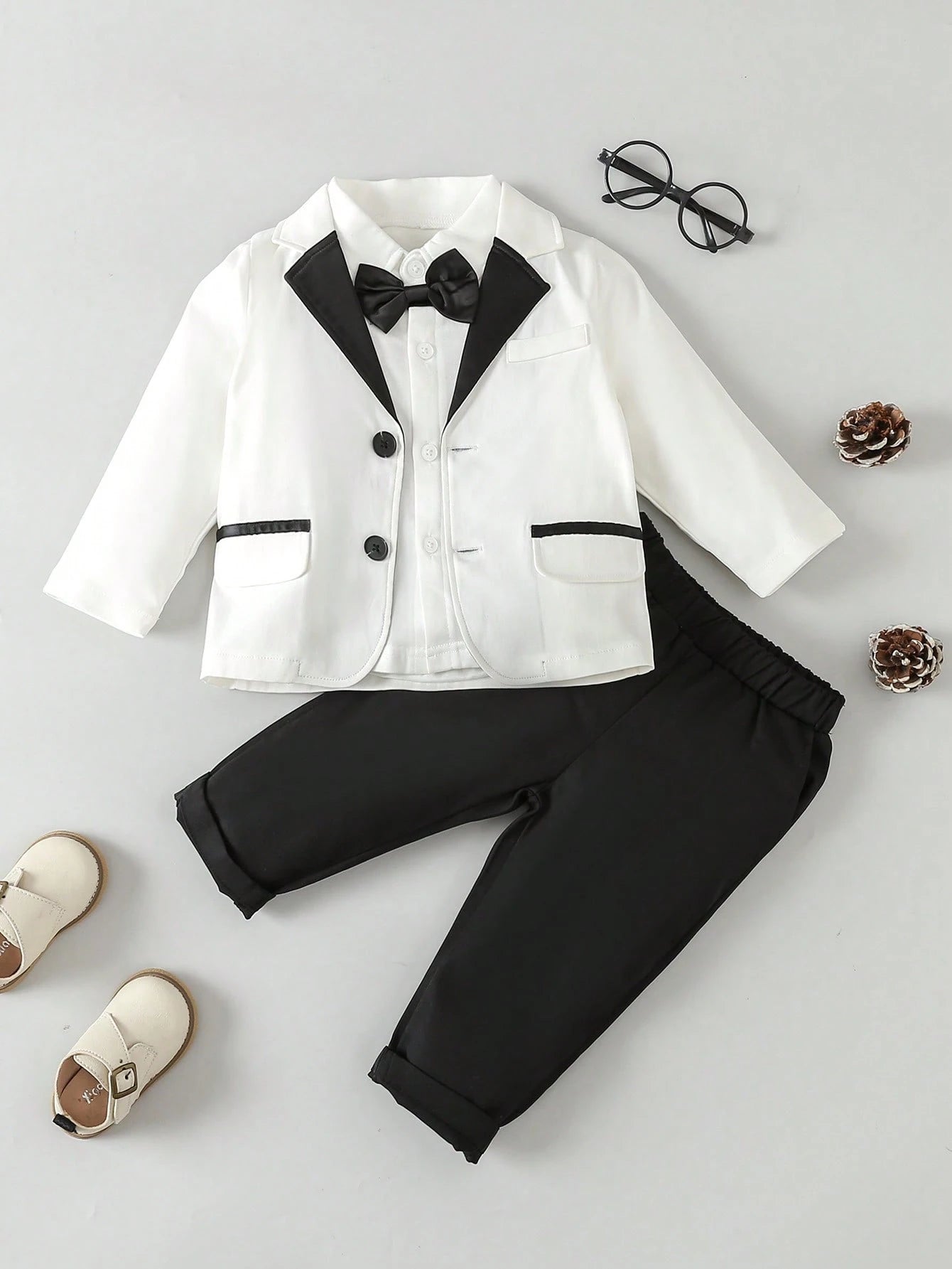 Baby Boy Contrast Collar Bow Front Blazer & Pants & Shirt