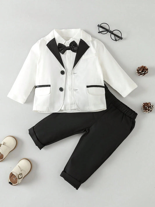 Baby Boy Contrast Collar Bow Front Blazer & Pants & Shirt