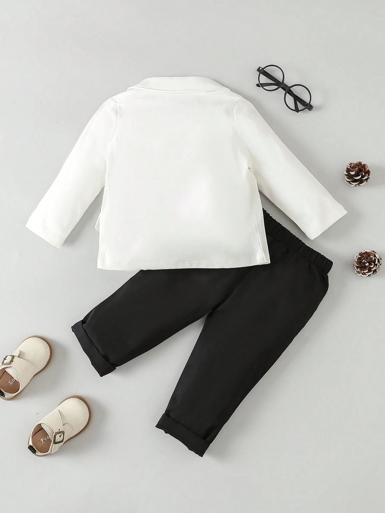 Baby Boy Contrast Collar Bow Front Blazer & Pants & Shirt