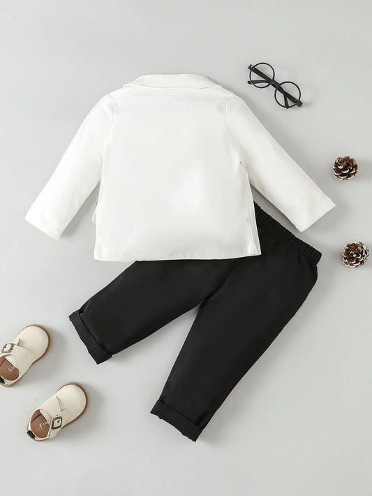 Baby Boy Contrast Collar Bow Front Blazer & Pants & Shirt