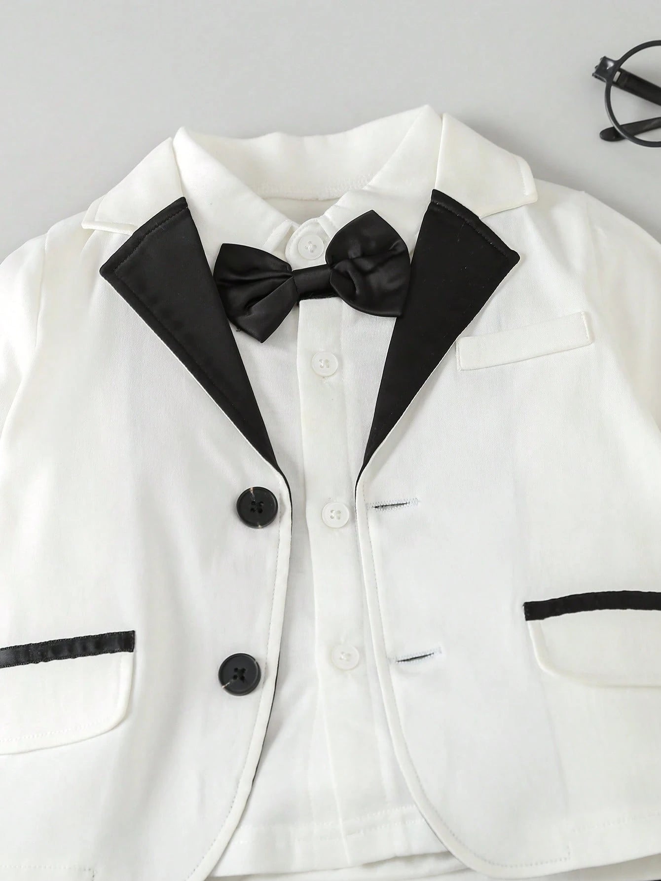 Baby Boy Contrast Collar Bow Front Blazer & Pants & Shirt