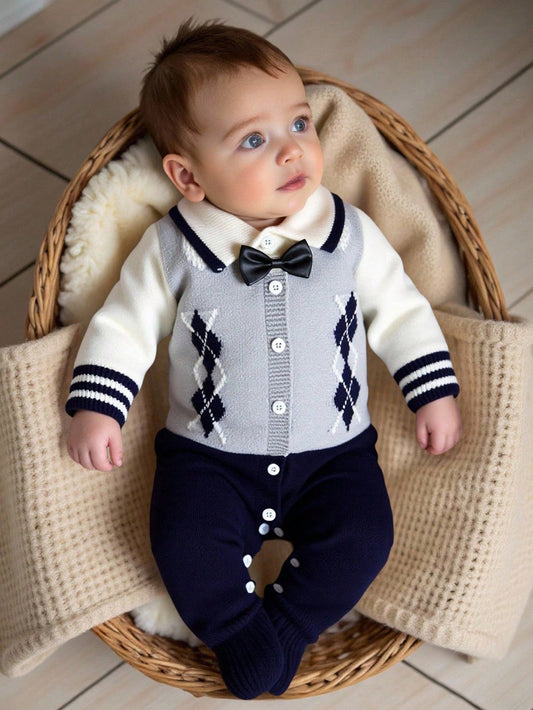 Baby Boy Diamond Knitted Romper One-Piece Suit